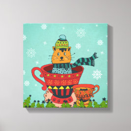 Whimsical Cat Sitting a Teacup Kerstmis Canvas Afdruk