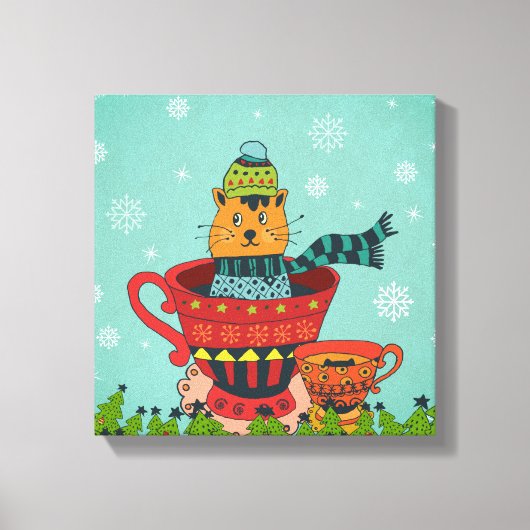Whimsical Cat Sitting a Teacup Kerstmis Canvas Afdruk (Voorkant)