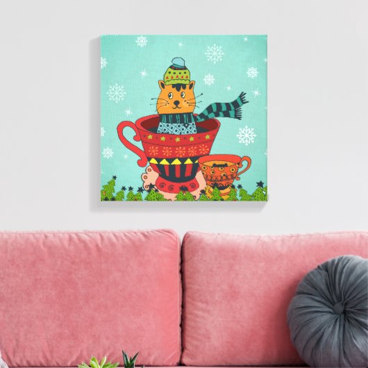 Whimsical Cat Sitting a Teacup Kerstmis Canvas Afdruk (Insitu (Woonkamer))