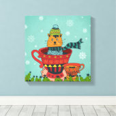 Whimsical Cat Sitting a Teacup Kerstmis Canvas Afdruk (Insitu (Houten vloer))