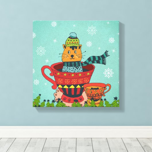 Whimsical Cat Sitting a Teacup Kerstmis Canvas Afdruk (Insitu (Houten vloer))