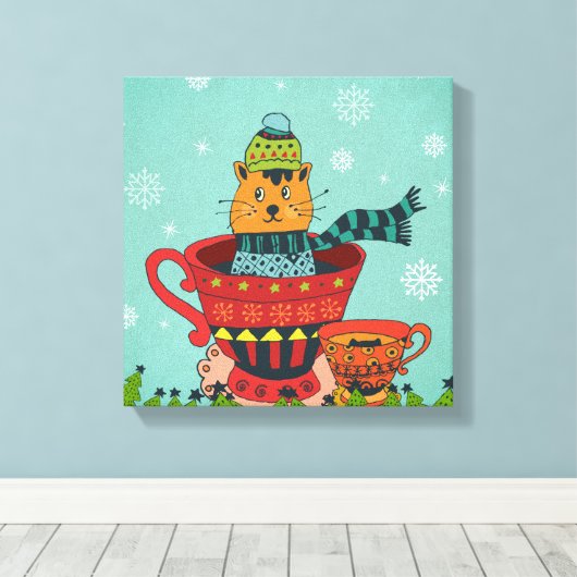 Whimsical Cat Sitting a Teacup Kerstmis Canvas Afdruk (Insitu (Houten vloer))