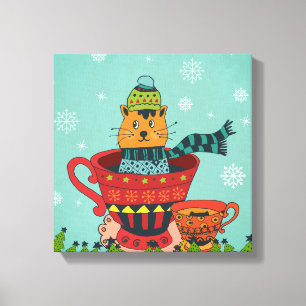 Whimsical Cat Sitting a Teacup Kerstmis Canvas Afdruk