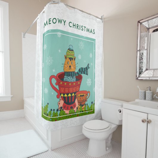 Whimsical Cat Sitting a Teacup Kerstmis Douchegordijn (In situ)
