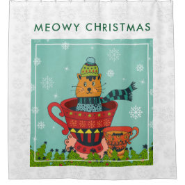 Whimsical Cat Sitting a Teacup Kerstmis Douchegordijn