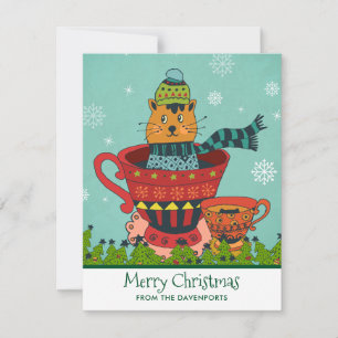 Whimsical Cat Sitting a Teacup Kerstmis Feestdagenkaart