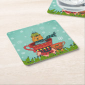 Whimsical Cat Sitting a Teacup Kerstmis Kartonnen Onderzetters (Schuin)