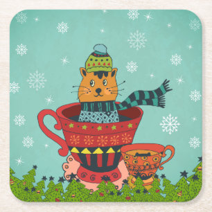 Whimsical Cat Sitting a Teacup Kerstmis Kartonnen Onderzetters