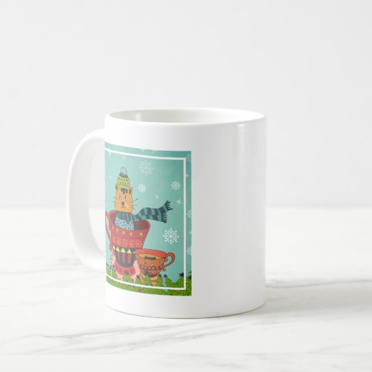 Whimsical Cat Sitting a Teacup Kerstmis Koffiemok (Voorkant links)