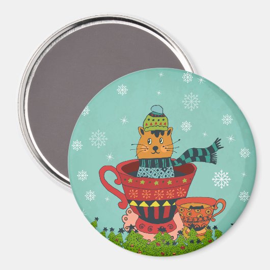 Whimsical Cat Sitting a Teacup Kerstmis Magneet (Voorkant / Achterkant)