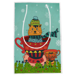 Whimsical Cat Sitting a Teacup Kerstmis Medium Cadeauzakje