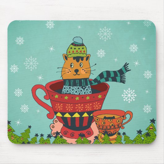 Whimsical Cat Sitting a Teacup Kerstmis Muismat (Voorkant)