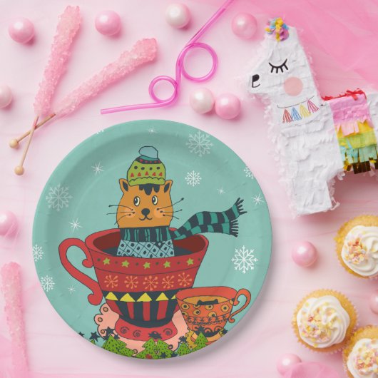 Whimsical Cat Sitting a Teacup Kerstmis Papieren Bordje (Feest)