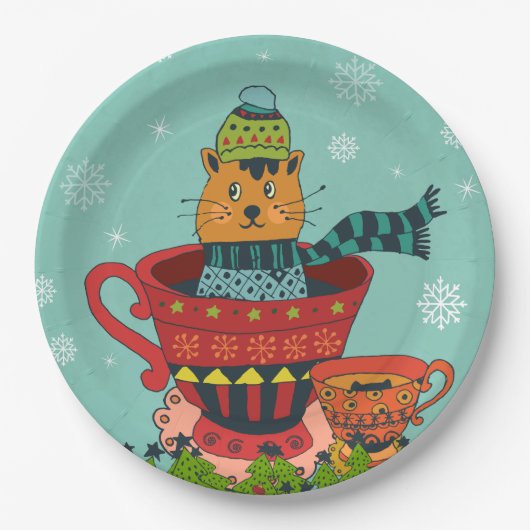 Whimsical Cat Sitting a Teacup Kerstmis Papieren Bordje (Voorkant)