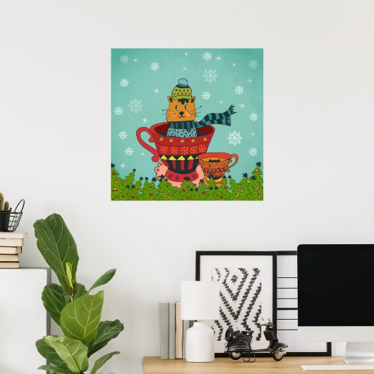 Whimsical Cat Sitting a Teacup Kerstmis Poster (Thuiskantoor)