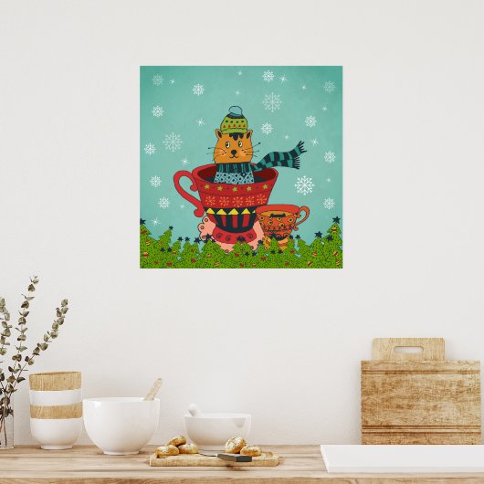 Whimsical Cat Sitting a Teacup Kerstmis Poster (Keuken)