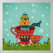 Whimsical Cat Sitting a Teacup Kerstmis Poster (Voorkant)