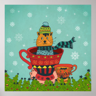 Whimsical Cat Sitting a Teacup Kerstmis Poster