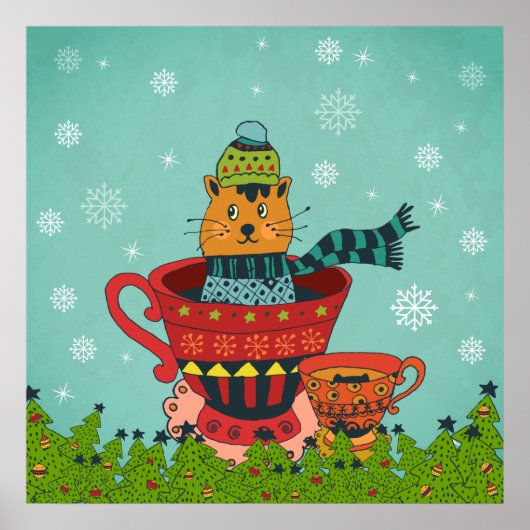 Whimsical Cat Sitting a Teacup Kerstmis Poster (Voorkant)