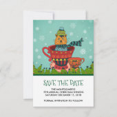 Whimsical Cat Sitting a Teacup Kerstmis Save The Date (Voorkant)