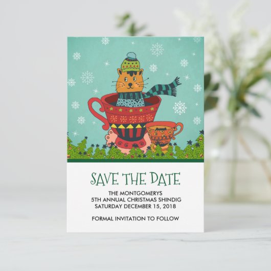 Whimsical Cat Sitting a Teacup Kerstmis Save The Date (Staand voorkant)