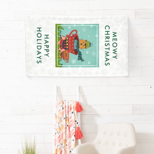 Whimsical Cat Sitting a Teacup Kerstmis Spandoek (Insitu)