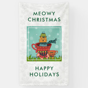 Whimsical Cat Sitting a Teacup Kerstmis Spandoek