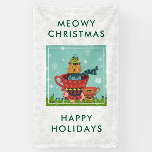 Whimsical Cat Sitting a Teacup Kerstmis Spandoek (Verticaal)