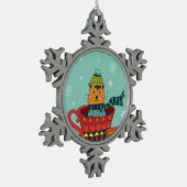 Whimsical Cat Sitting a Teacup Kerstmis Tin Sneeuwvlok Ornament (Links)