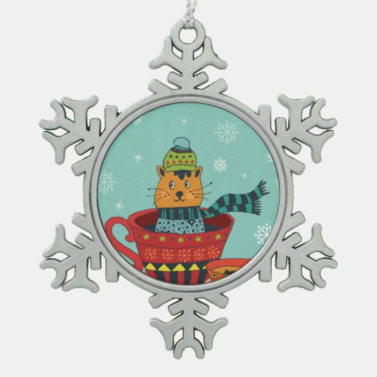 Whimsical Cat Sitting a Teacup Kerstmis Tin Sneeuwvlok Ornament (Voorkant)