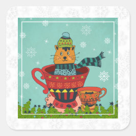 Whimsical Cat Sitting a Teacup Kerstmis Vierkante Sticker