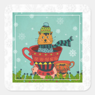 Whimsical Cat Sitting a Teacup Kerstmis Vierkante Sticker