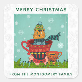Whimsical Cat Sitting a Teacup Kerstmis Vierkante Sticker
