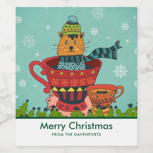 Whimsical Cat Sitting a Teacup Kerstmis Wijn Etiket (Enkel label)