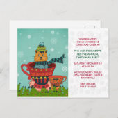 Whimsical Cat Sitting a Teacup Kerstparty Briefkaart (Voorkant / Achterkant)