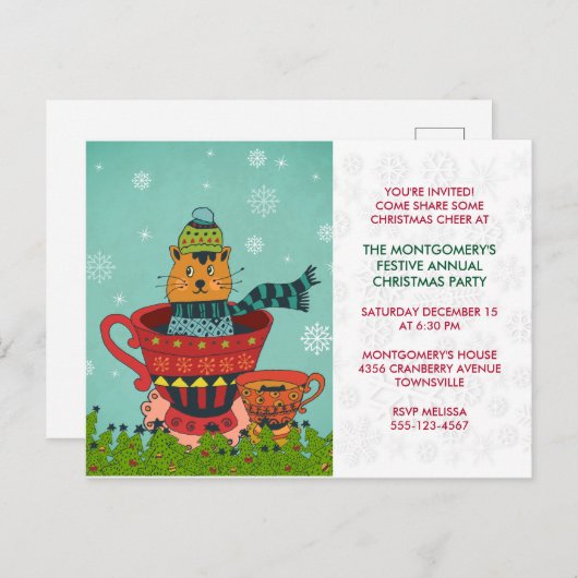 Whimsical Cat Sitting a Teacup Kerstparty Briefkaart (Voorkant / Achterkant)