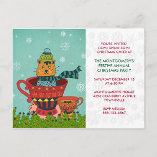 Whimsical Cat Sitting a Teacup Kerstparty Briefkaart