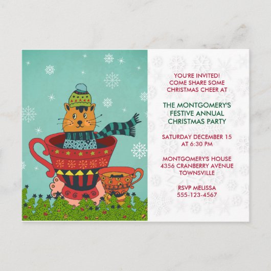 Whimsical Cat Sitting a Teacup Kerstparty Briefkaart (Voorkant)