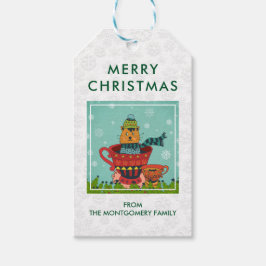 Whimsical Cat Sitting a Teacup Merry Kerstmis Cadeaulabel