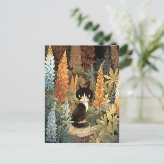 Whimsical Cat Sitting Among Vibrant Lupine Flowers Briefkaart (Staand voorkant)