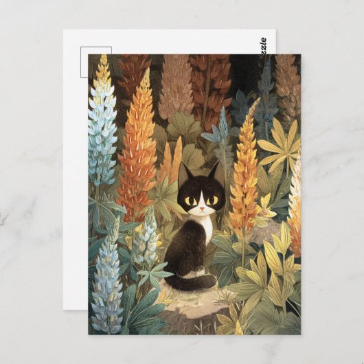 Whimsical Cat Sitting Among Vibrant Lupine Flowers Briefkaart (Voorkant / Achterkant)