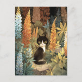 Whimsical Cat Sitting Among Vibrant Lupine Flowers Briefkaart (Voorkant)