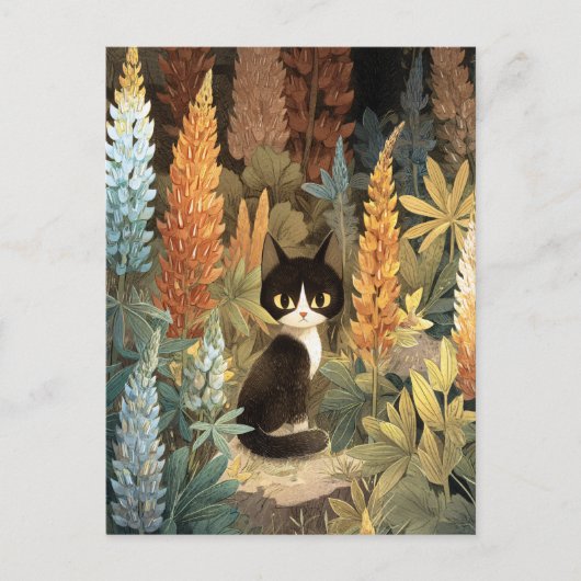 Whimsical Cat Sitting Among Vibrant Lupine Flowers Briefkaart (Voorkant)