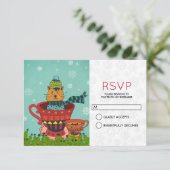 Whimsical Cat Sitting in Teacup-kerstmis RSVP Kaart (Staand voorkant)