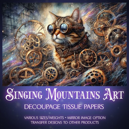 Whimsical Cat Steampunk Galaxy Quest Decoupage Tissuepapier