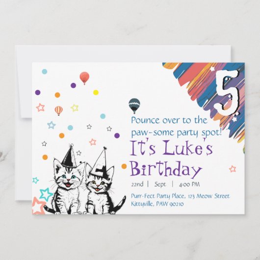 Whimsical Cat Verjaardag Uitnodiging (Voorkant)