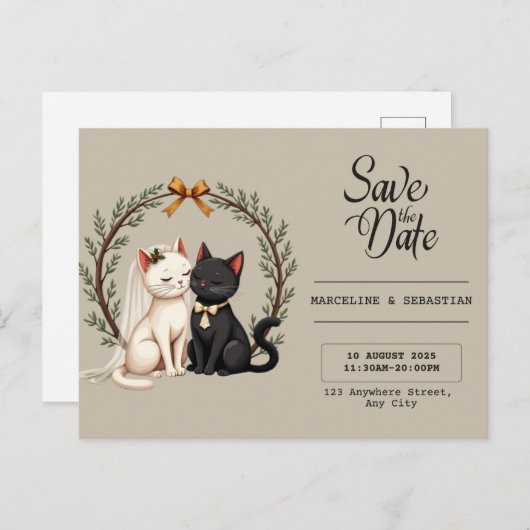 Whimsical Cat Wedding Save Briefkaart (Voorkant / Achterkant)