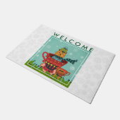 Whimsical Cat Zittend in een Teacup Welkom Deurmat (Schuin)