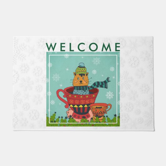Whimsical Cat Zittend in een Teacup Welkom Deurmat (Voorkant)