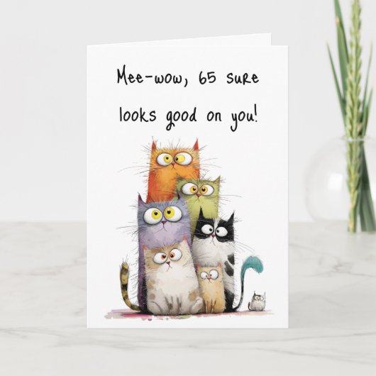 Whimsical Cats Big Eyes 65th Birthday Greeting Kaart (Voorkant)